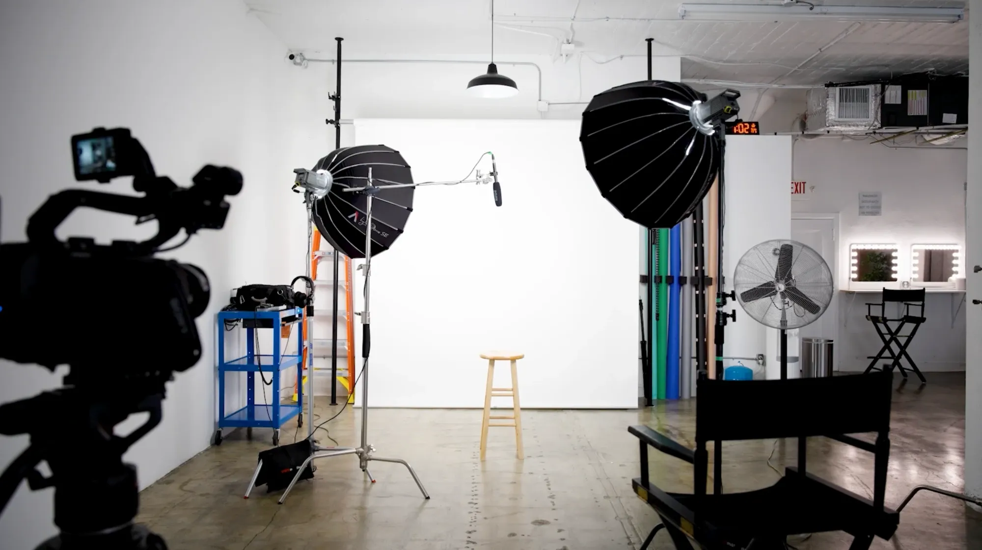 A studio set ready for a shoot: camera, softbox lights, boom mic and a stool against a white backdrop
